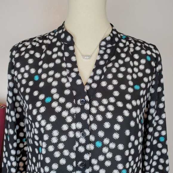 Alfani Black White Mint Green Flowers High-Low Button UP Roll-Tab Sleeve Top 2P - Picture 2 of 7